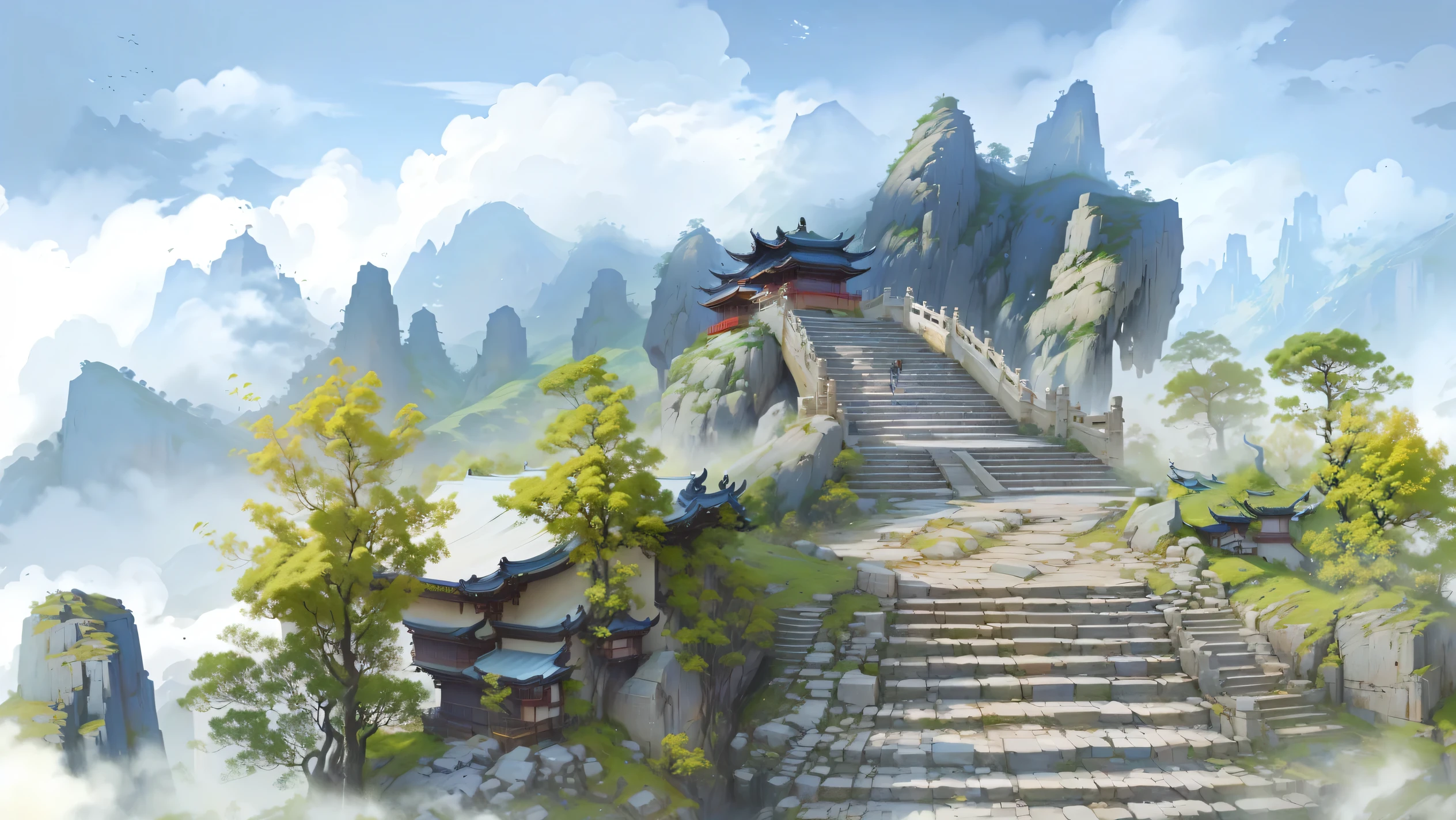 There is a painting，The painting shows the stairs leading up the mountain., Landscape Artwork, G Liulian art style, by Qu Leilei, Inspired by Fenghua Zhong, Ancient city landscape, by Li Zai, author：Yang J, by Shitao, Detailed scenery —width 672, Inspired by Dong Yuan, author：Fan Qi, author：Ju Lian