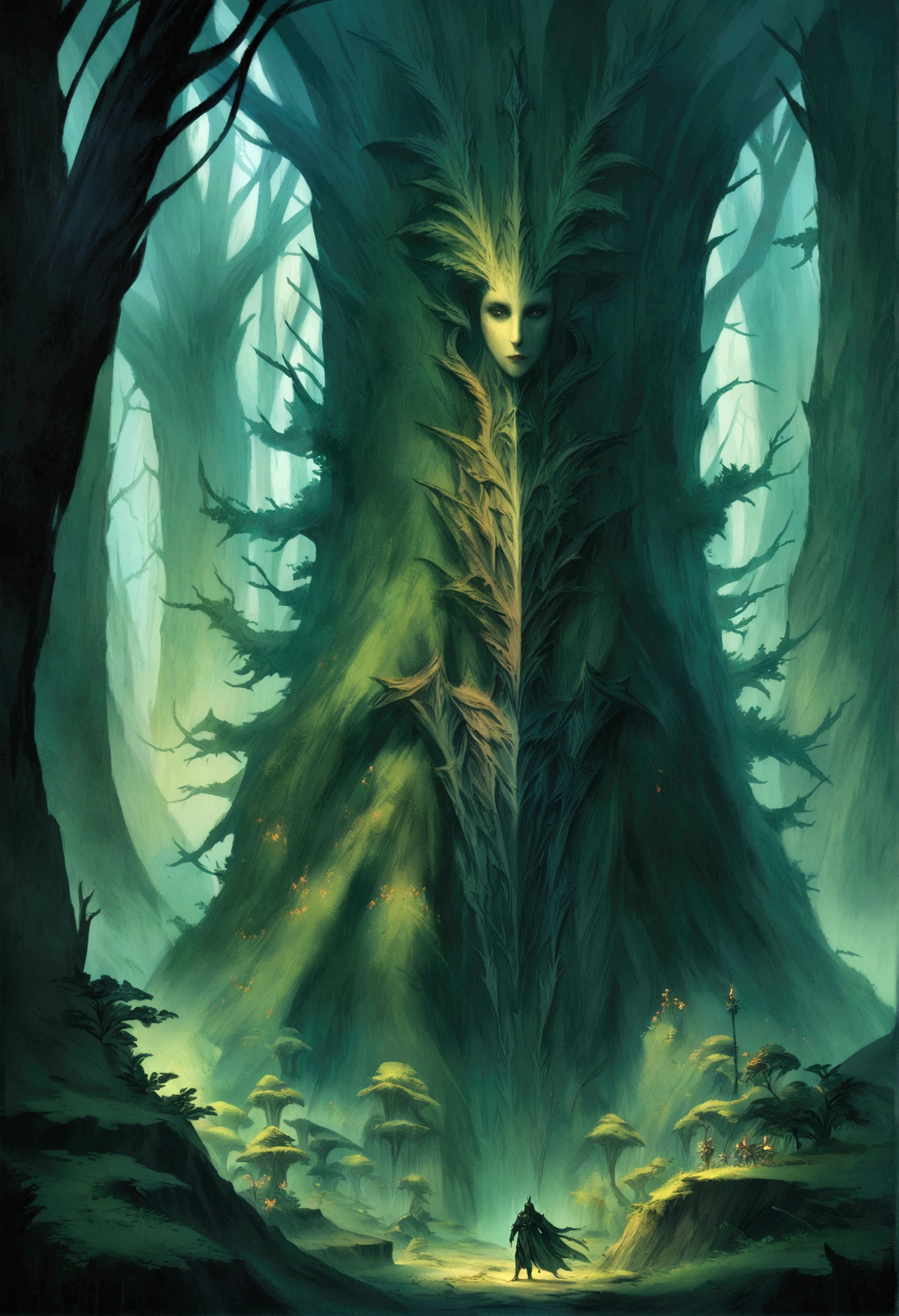 Close-up of a man standing in a dark forest, Dark forest concept art, Dark fantasy forest, Dark Fantasy Art, an ominous fantasy illustration, Dark fantasy art, Dark fantasy concept art, Dark Fantasy Background, dark forest dnd, Epic fantasy digital art style, dark fantasy environment, Forbidden Forest, Dark fantasy landscape, 8k fantasy art