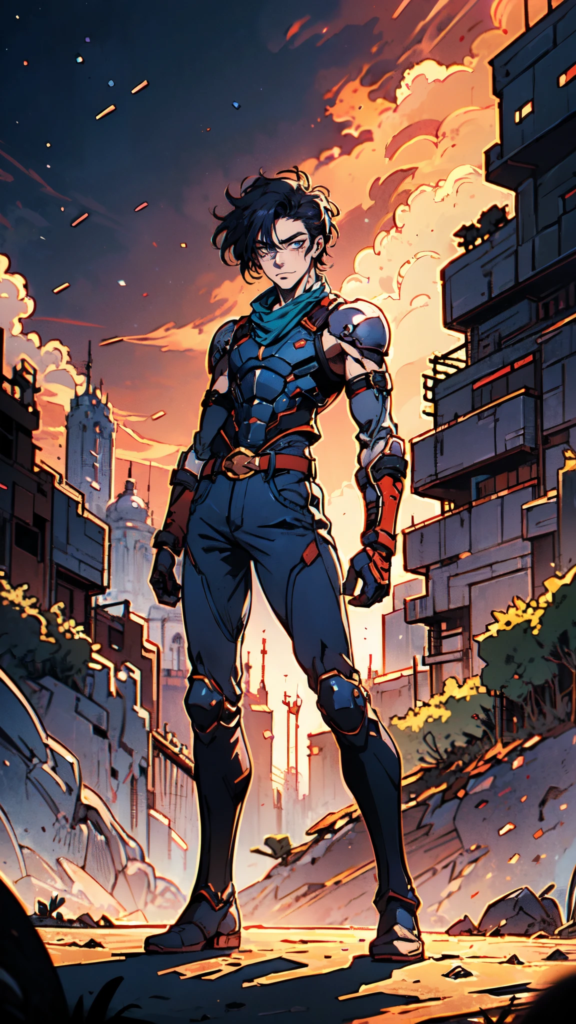 (masterpiece:1.2, best quality:1.2, extremely delicate:1.2), ((male:1.5)), a young man with short blue-purple hair, side-swept bangs covering one eye, a confident expression, a scar on the bridge of his nose, a slight smile on his lips, a dark green scarf around his neck, a fantasy-reality style rogue outfit, an open dark short vest, a layered futuristic tight armor underneath that emits a silver-blue glow, small fitted shoulder armor, matching arm guards and shin guards, a two-piece leather belt at his waist, layered canvas trousers, tall boots, he holds a serrated blade horizontally behind him with his raised right hand, standing imposingly on a windy and sandy hillside, this character embodies a finely crafted fantasy-reality-style rogue in anime style, exquisite and mature manga art style, dramatic, high definition, highres, ultra-detailed, ultra-fine painting, professional, perfect body proportions, golden ratio, anatomically correct, symmetrical face, extremely detailed eyes and face, high quality eyes, creativity, RAW photo, UHD, 32k, Natural light, cinematic lighting, (masterpiece-anatomy-perfect:1.2)