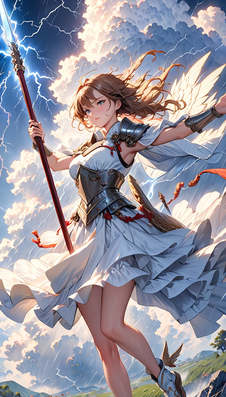 ((Highest quality)),(Ultra-high resolution),(Ultra-detailed New),(Detailed Description),((The best CG)),(masterpiece),Highly detailed art,A wonderful new art form,(Art with precise detail:1.5), (Thundercloud:1.6),(lightning:1.6), (Strong winds:1.6), (Raised arm holding a spear:1.7),(Powerful female angel:1.4),(Beautiful and well-proportioned face:1.3),(Winged Breastplate:1.6),(Dynamic pose:1.6),