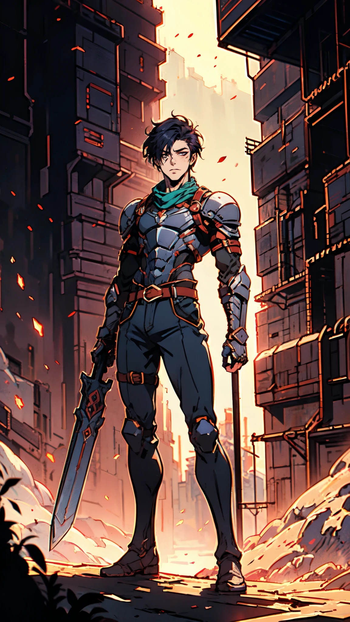 (masterpiece:1.2, best quality:1.2, extremely delicate:1.2), ((male:1.5)), a young man with short blue-purple hair, side-swept bangs covering one eye, a confident expression, a scar on the bridge of his nose, a slight smile on his lips, a dark green scarf around his neck, a fantasy-reality style rogue outfit, an open dark short vest, a layered futuristic tight armor underneath that emits a silver-blue glow, small fitted shoulder armor, matching arm guards and shin guards, a two-piece leather belt at his waist, layered canvas trousers, tall boots, he holds a serrated blade horizontally behind him with his raised right hand, standing imposingly on a windy and sandy hillside, this character embodies a finely crafted fantasy-reality-style rogue in anime style, exquisite and mature manga art style, dramatic, high definition, highres, ultra-detailed, ultra-fine painting, professional, perfect body proportions, golden ratio, anatomically correct, symmetrical face, extremely detailed eyes and face, high quality eyes, creativity, RAW photo, UHD, 32k, Natural light, cinematic lighting, (masterpiece-anatomy-perfect:1.2)