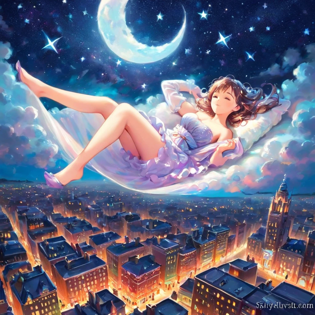A stunningly ethereal woman, composed of a dazzling array of colors of stardust, lays gracefully on a  fluffy cloud in the sky. Bathed in dynamic and enchanting night  lighting, accentuates her vibrant, full-bodied form. Floating above a cityscape night. Twinkle stars and glowing moon. Fantasy art. Masterpiece 