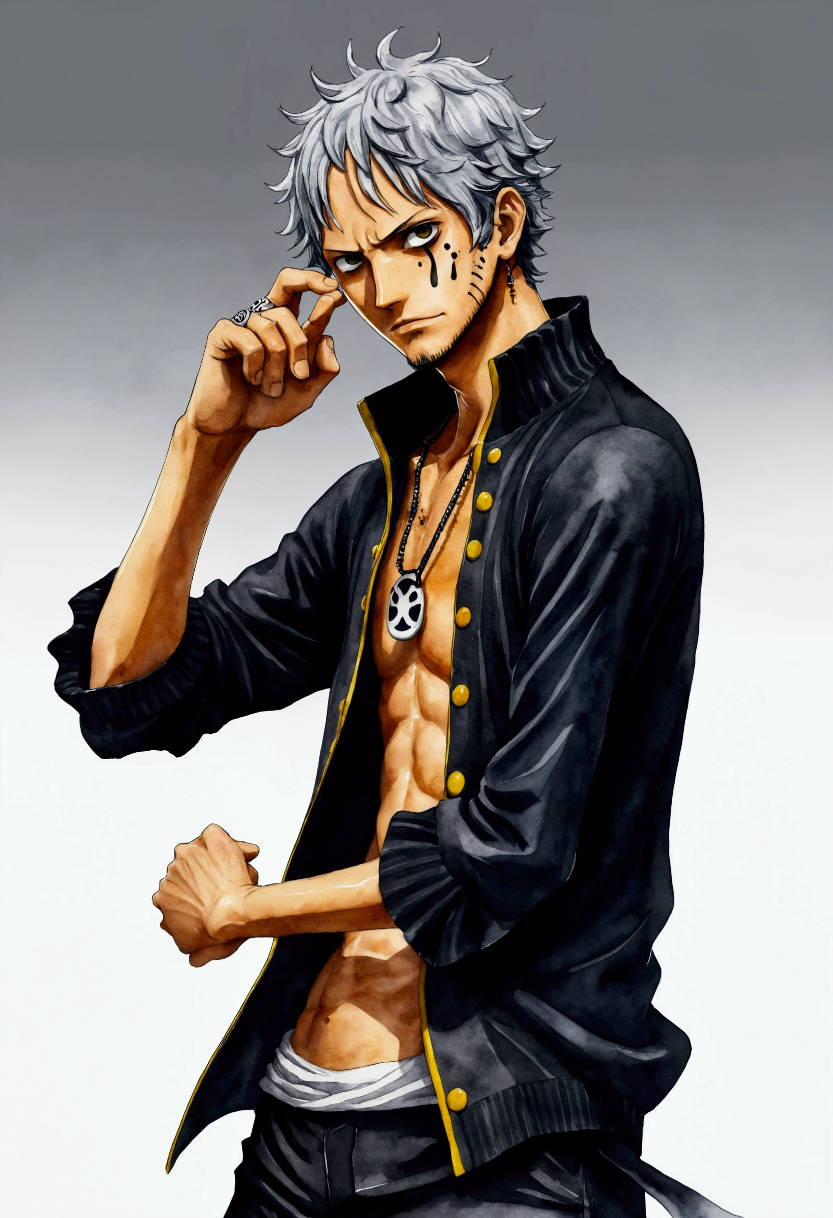 One Piece Trafalgar Law Creation、Watercolor、An illustration、Gray Hair、shirt、precise face features、black eye、Sporty clothes、High resolution、Dynamic pose、