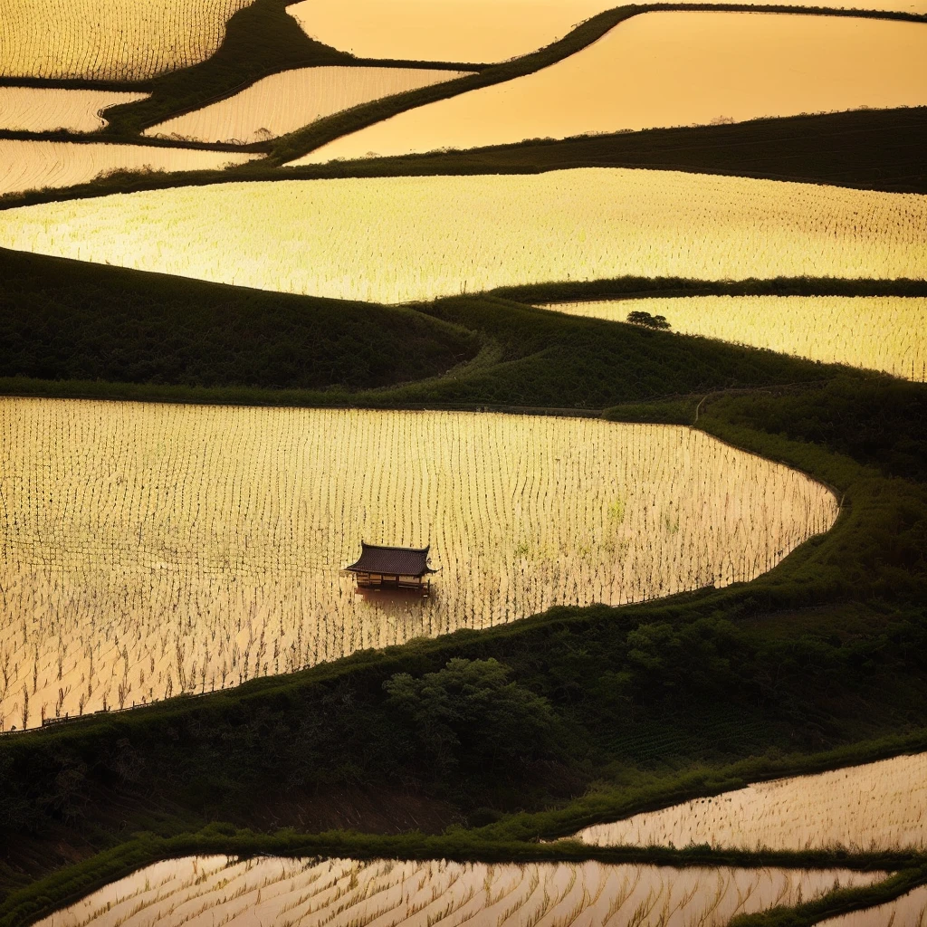 一位农民在paddy里劳作的景象, paddy, author：Yasushi Sugiyama, shadow. Asian Landscape, by Zheng Xie, by Wang Yi, Chinese scenery, by Xia Yong, agriculture, author：Wu Wei, Japanese Village旅行, author：Shi Rui, countryside in japan, author：Yoshikatsu, Japanese Village, High-quality images