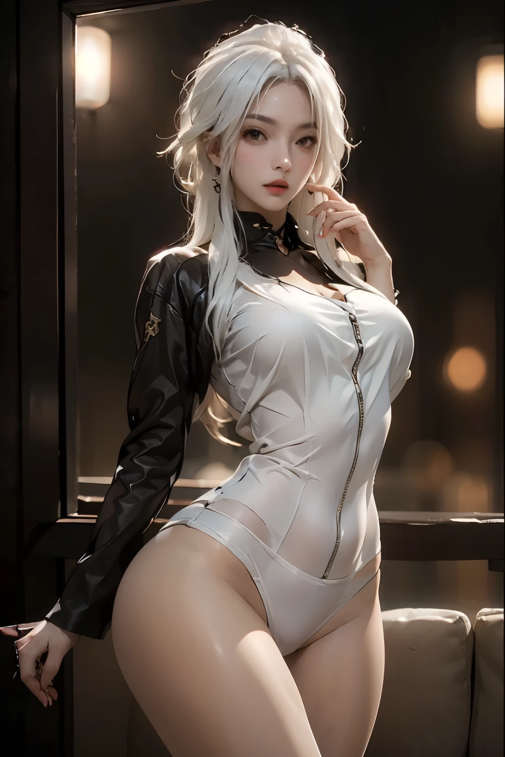 ((best quality)), ((masterpiece)), (detailed), Photorealistic, high resolution, mature woman, Image of a beautiful cyberpunk woman, Hips up, jewelry, Curtain Bangs, White hair, White eyes, หน้าอกใหญ่, HDR (high dynamic range), After processing, Anisotropic filtration,depth of field, Maximum clarity and clarity, multi-layered surface, perfect proportions, 8K raw files, กระโปรงสั้น, natural lighting, soft lighting, sunlight, detailed anatomy, (skyscraper roof, overlooking a city, detailed background ((night time, Darkness, low light pollution)))