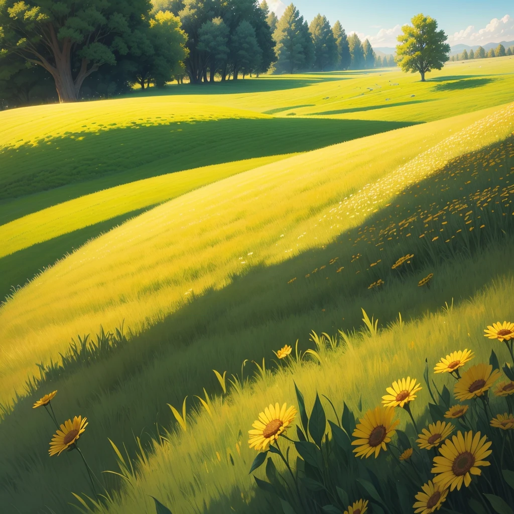 An illustration of a sunny meadow where Ant and Grasshopper live.