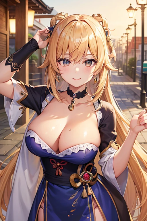 (masterpiece, Highest quality, High resolution, Very detailed, 8k, 4K), Art Book, Anime Coloring, CG, figure , Fantasy, MKSKS ,One girl, alone, Earrings, choker, There is a large decorative circular pattern in the background, smile, Make your viewers happy, firework, performer, night, Outdoor, (Dutch Angle), close, Face Focus, Upper Body, Evening Shrine (Genshin Impact)