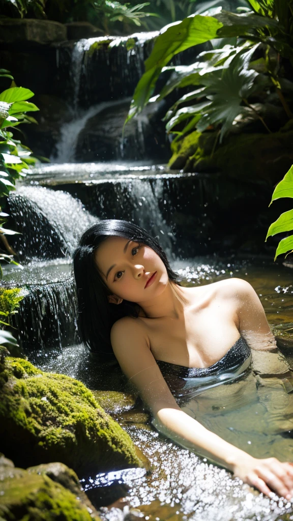 best quality, masterpiece, ultra high resolution, Japanese supermodel soaks in hot springs, A bright smile with teeth visible, outdoor hot springs, stone hot springs, surrounded by moss and trees, What a beautiful face, pure body, Pores are clearly visible, (laugh:0.8), wear separate clothes,Lace Bikini, (realism:1.5), original photo, wet body, sweat all over one's body, bare shoulders, in the dark, deep shadows, low profile, cold light