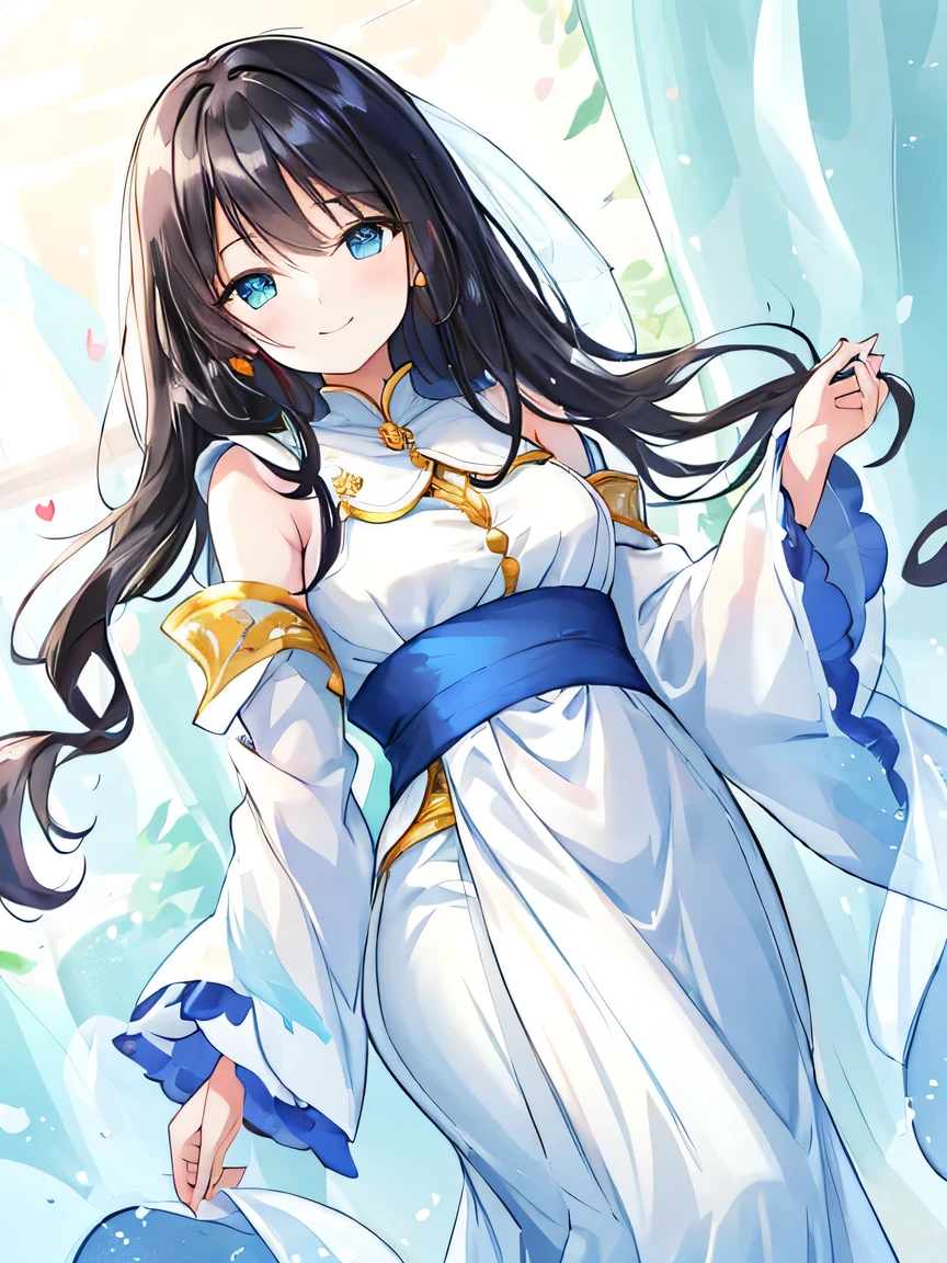 A serene and beaming young woman with a warm, gentle smile, exuding an aura of tranquility and contentment, her bright, expressive eyes sparkling with joy, her smooth, porcelain-like skin glowing with a subtle golden undertone, her raven-black hair cascading down her back in luscious, soft waves, framing her heart-shaped face and accentuating her delicate features, set against a soft, dreamy background with hints of creamy whites and pale pastels, subtly gradating into a soothing blue-green hue, evoking a sense of calmness and peacefulness, with a shallow depth of field, blurring the surroundings and drawing the viewer's attention to her radiant, peaceful presence.