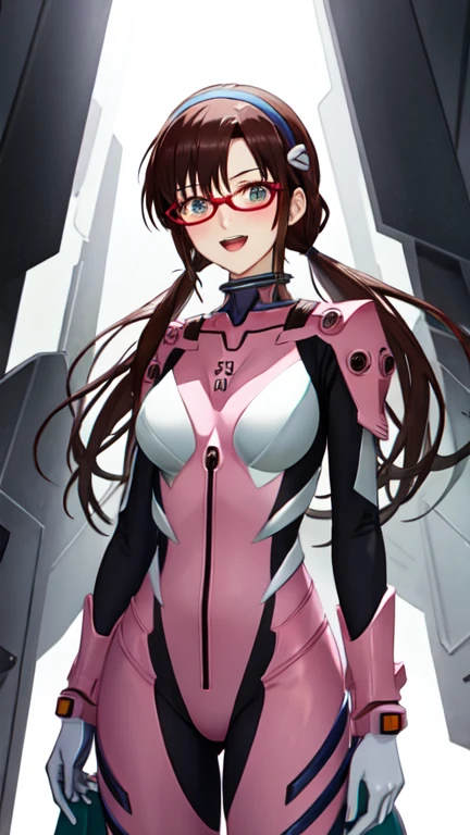 lumen reflections, natural lighting, evocative, triadic color scheme, cowboy shot, elegant, voluptuous:0.6, looking at viewer, 1girl, female, solo, blush, open mouth, smile, teeth, sfw, mari makinami, brown hair, twintails, teal eyes, glasses, red glasses, headband, purple headband, plugsuit, (pink plugsuit)