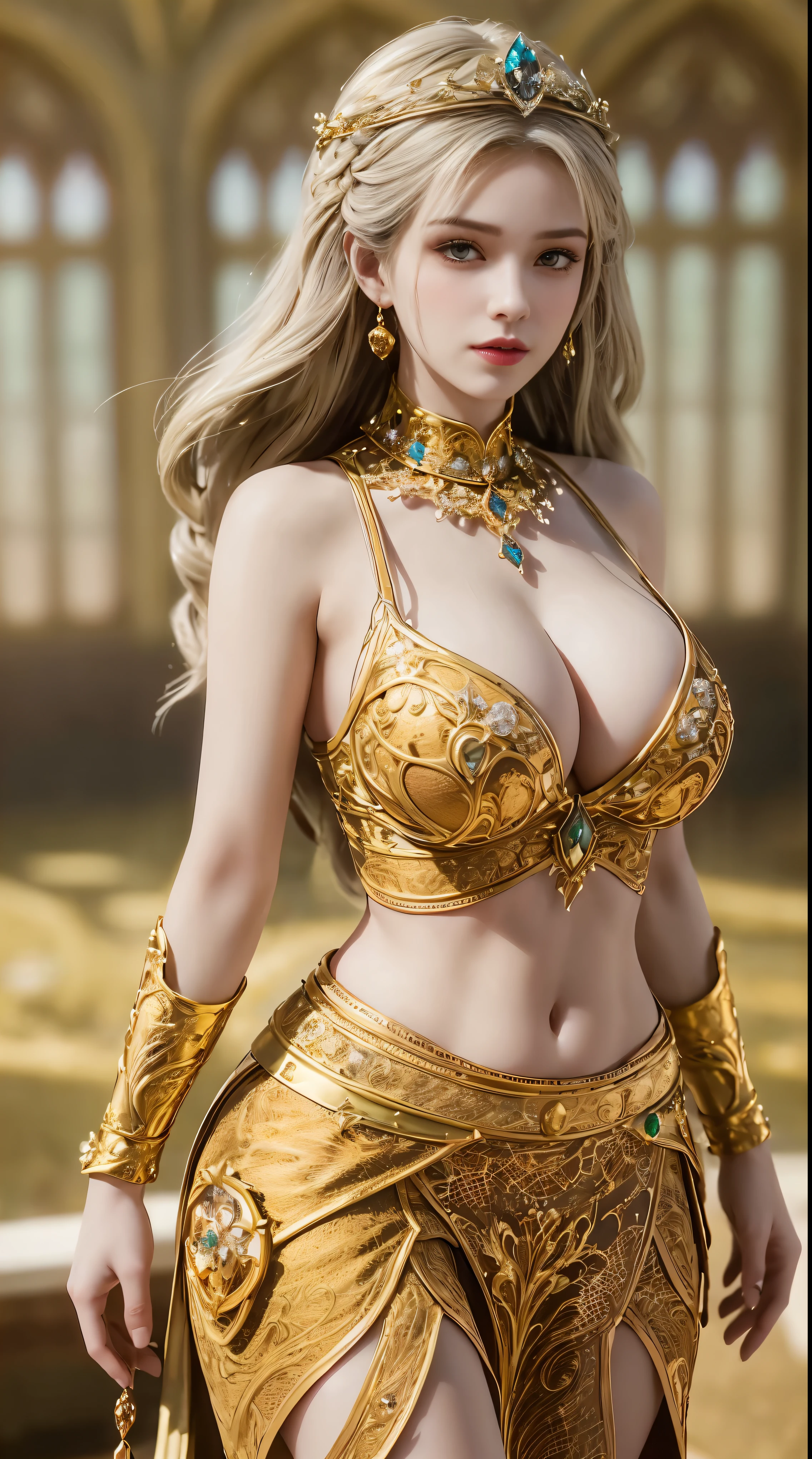 Woman in a golden transparent dress,view the viewer,(((Huge breasts, Large cleavage))),Slim waist,(navel baring,Bare waist), Long hair, Ultra-detailed details,High-end Zhenyi station, Rainstorm site, detailed fantasy art, Stunning character art, Beautiful and exquisite character art, Beautiful gold and silver armor, Extremely detailed, Girl in shiny armor, Exquisite tiaras and jewelry,Crystal jewelry filigree, milky ways, Stunning visuals, (dynamic streaks, light tracks:1.2), Vibrant colors,golden code, long hair, braid hair at the ends