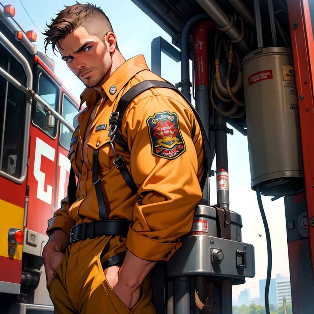 ((Masterpiece, Best quality, high resolution))，Strong man，fireman，Wear a fire suit，Handsome，fire truck，anime style art，