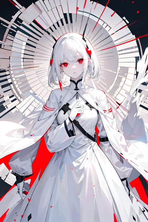by white, White skin, albino women, by the wide, White clothes, shelter, Lanza, Sign of holding a gun with one hand., expressionless red eyes