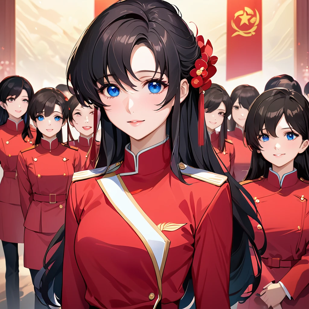 ((Highest quality)), ((masterpiece)), (detailed), （Perfect Face）、The woman is a Chinese Lacus Clyne with blue eyes and medium-long black hair. She is wearing an engagement ring. She has become a member of the glorious Chinese Communist Party and has sworn absolute loyalty to the Chinese Communist Party. She is a righteous Communist Party member of China.、The woman is wearing the fine red uniform of a Chinese Communist Party member.、For the sake of China, they dye their hair, hairstyle, clothes, and everything they wear belongs to the Chinese Communist Party, and their thoughts are also Chinese, becoming great Chinese in body and mind.、The woman became Lacus Clyne, a Chinese woman who was proud of and loved China.、She is working for China as a member of the great Chinese Communist Party.、The women lined up in an orderly fashion with their fellow Communist Party members at the ceremony, saluted the beloved and great President, swore loyalty from the bottom of their hearts, and were overjoyed and enthusiastic about the honor of serving the President.