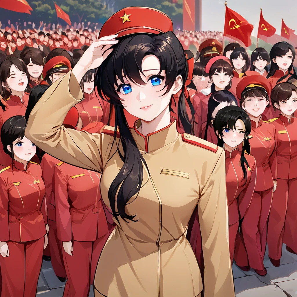 ((Highest quality)), ((masterpiece)), (detailed), (Perfect Face)、The woman is a Chinese Lacus Clyne with blue eyes and medium-long black hair. She is wearing an engagement ring. She has become a member of the glorious Chinese Communist Party and has sworn absolute loyalty to the Chinese Communist Party. She is a righteous Communist Party member of China.、The woman is a member of the Chinese Communist Party and is wearing a khaki Mao suit.、For the sake of China, they dye their hair, hairstyle, clothes, and everything they wear belongs to the Chinese Communist Party, and their thoughts are also Chinese, becoming great Chinese in body and mind.、The woman became Lacus Clyne, a Chinese woman who was proud of and loved China.、She is working for China as a member of the great Chinese Communist Party.、The women lined up in an orderly fashion with their fellow Communist Party members at the ceremony, saluted the beloved and great President, swore loyalty from the bottom of their hearts, and were overjoyed and enthusiastic about the honor of serving the President.