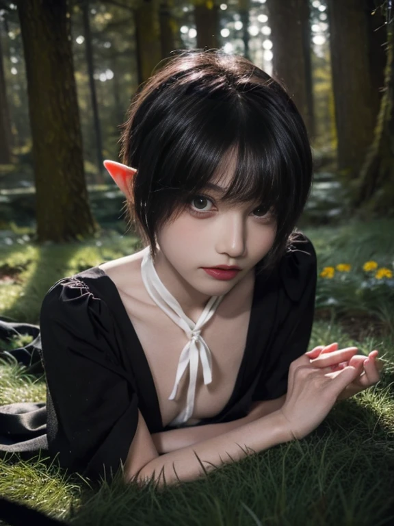 15 year old elf girl, short hair, black color, naked, Skinny body, small bust, ribbon on the neck, shows her legs, lying on the floor, in the forest at night, starry sky, flowers illuminating, is alone