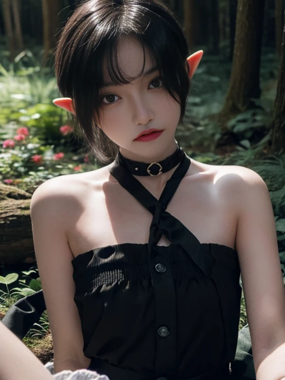 15 year old elf girl, short hair, black color, naked, Skinny body, small bust, ribbon on the neck, shows her legs, lying on the floor, in the forest at night, starry sky, flowers illuminating, is alone