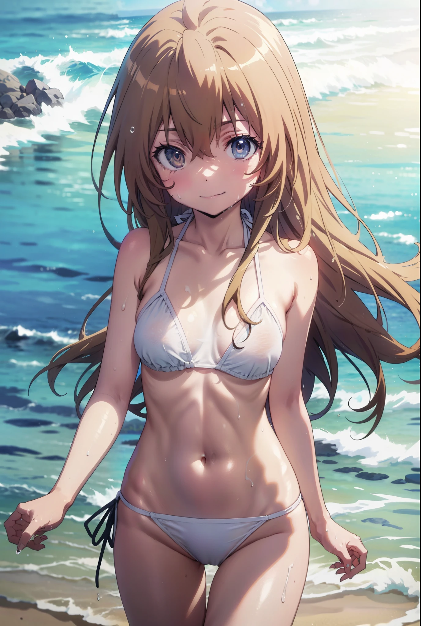Aisaka Taiga, Aisaka Taiga, Long Hair, Brown Hair, Brown eyes,happy smile,smile, Shut your mouth.,White string bikini swimsuit,barefoot,Water Play,Wet swimsuit,Wet Hair,Wet Skin,whole bodyがイラストに入るように, break looking at viewer, whole body, (Cowboy Shot:1. 5)
break outdoors,Beach,Ocean,
break (masterpiece:1.2), Highest quality, High resolution, unity 8k wallpaper, (shape:0.8), (Beautiful attention to detail:1.6), Highly detailed face, Perfect lighting, Highly detailed CG, (Perfect hands, Perfect Anatomy),