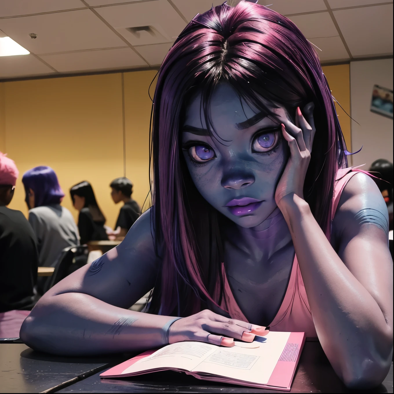 cute anime (zombie girl) with (dark purple straight hair), freckles, (((blue skin))), (((pink eyes))). Playing yu-gi-oh on a table against an afroamerican guy at a local tournament.