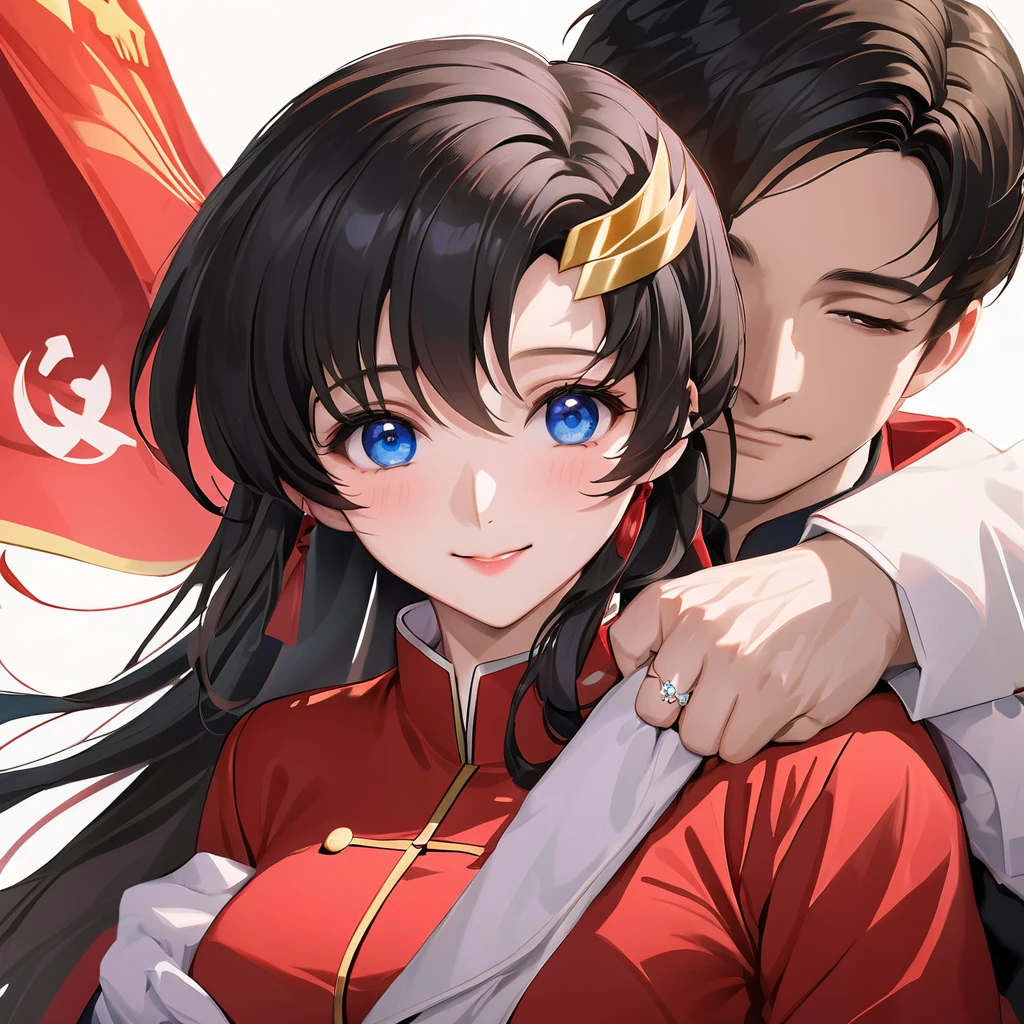 ((Highest quality)), ((masterpiece)), (detailed), (Perfect Face)、The woman is a Chinese Lacus Clyne with blue eyes and medium-long black hair. She is wearing an engagement ring. She has become a member of the glorious Chinese Communist Party and has sworn absolute loyalty to the Chinese Communist Party. She is a righteous Communist Party member of China.、The woman is a member of the Chinese Communist Party and is wearing a khaki Mao suit.、For the sake of China, they dye their hair, hairstyle, clothes, and everything they wear belongs to the Chinese Communist Party, and their thoughts are also Chinese, becoming great Chinese in body and mind.、The woman became Lacus Clyne, a Chinese woman who was proud of and loved China.、The woman is chosen by a great Chinese Communist Party official and is given the honor of becoming his wife.、The woman looks happy being held in the arms of a great Chinese Communist Party official.、The woman is the wife of a glorious Chinese Communist Party official.、The man is a great Chinese Communist Party official, a dignified and imposing old man who marries the woman.