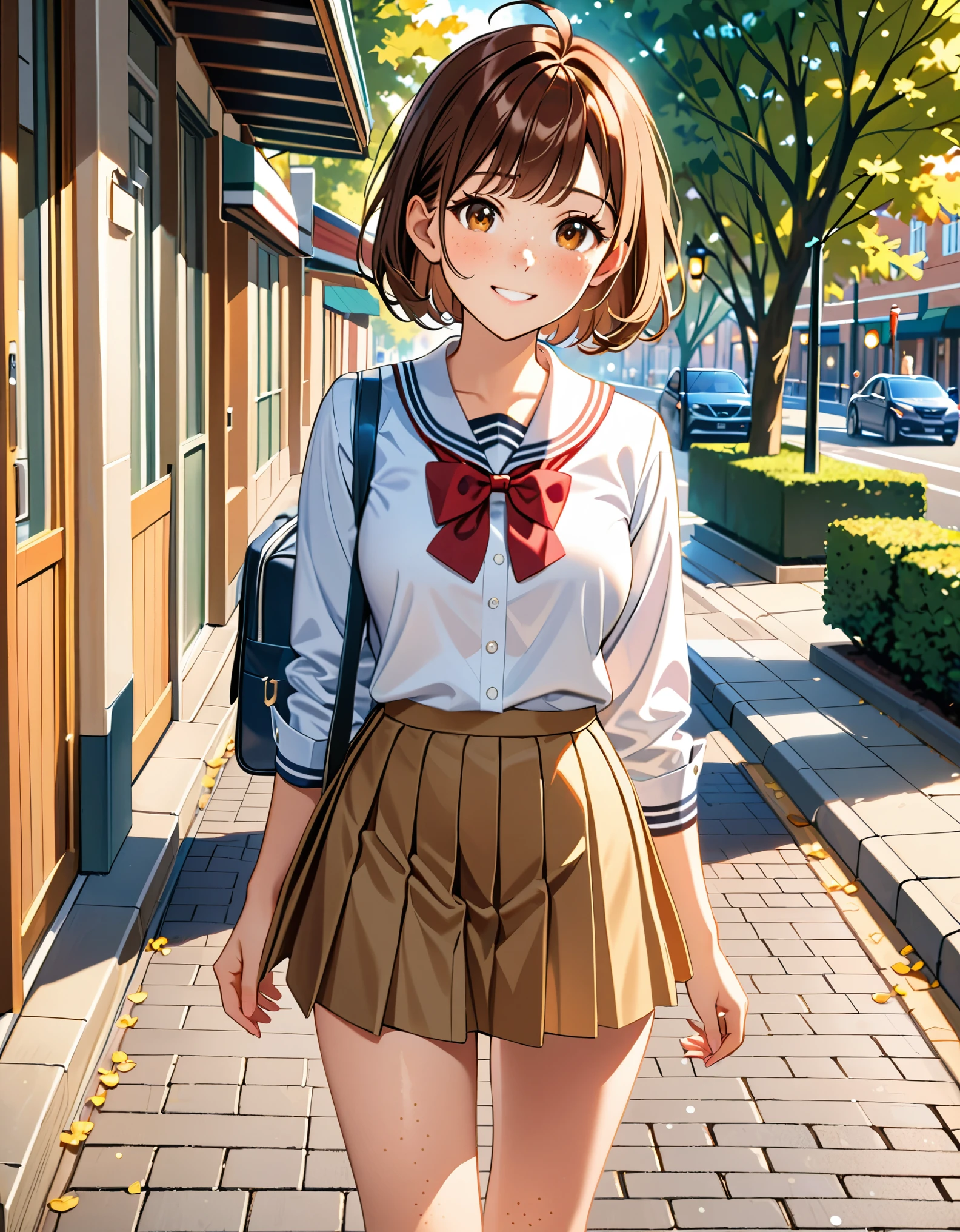 (masterpiece), (best quality), (high res), highly detailed, professional, 1girl, solo, solo focus, high school student, medium breasts, matching shoes, pleated skirt, miniskirt, innocent look, Cowboy Shot, freckles, Brunette Hair, short hair, bob hair, Ahoge, Parted Bangs, Hazel Eyes, smile, :d, sidewalk, warm lighting, outside