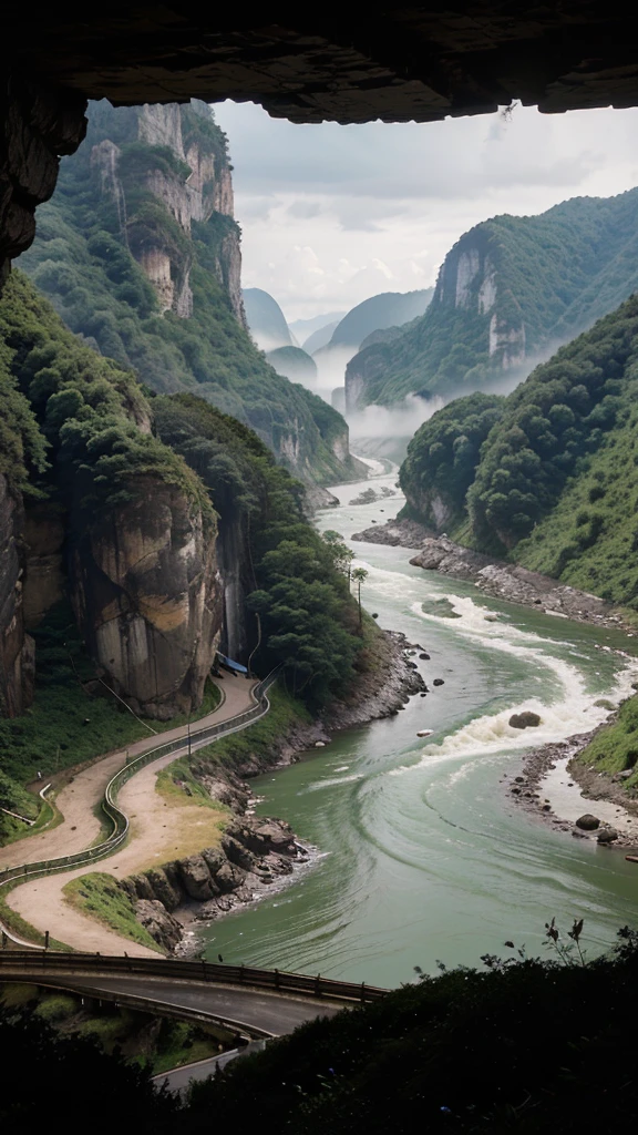A scenic view of a winding road in Sichuan, China, running alongside a rushing river with muddy brown water. The road is elevated and bordered by safety barriers, cutting through steep cliffs and lush green mountains on both sides. The cliffs are rugged and partially covered with dense vegetation, creating a dramatic and picturesque landscape. Misty mountains rise in the background, partially shrouded in clouds, adding a mystical and serene atmosphere to the scene. The overall composition captures the beauty and majesty of the natural surroundings, combined with the man-made road that traverses this breathtaking terrain.