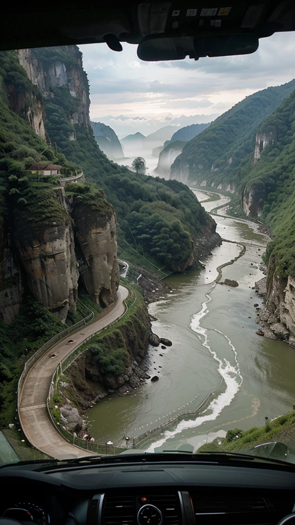 A scenic view of a winding road in Sichuan, China, running alongside a rushing river with muddy brown water. The road is elevated and bordered by safety barriers, cutting through steep cliffs and lush green mountains on both sides. The cliffs are rugged and partially covered with dense vegetation, creating a dramatic and picturesque landscape. Misty mountains rise in the background, partially shrouded in clouds, adding a mystical and serene atmosphere to the scene. The overall composition captures the beauty and majesty of the natural surroundings, combined with the man-made road that traverses this breathtaking terrain.