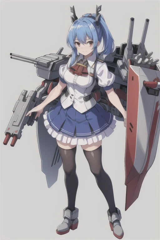 prinz eugen \(warship girls r\)，((masterpiece)),(((best quality))),((ultra-detailed)),((illustration)),((disheveled hair)),((frills)),(1 girl),(solo),1girl, blue hair, blue skirt, breasts, brown eyes, brown legwear, cannon, full body, headgear, long hair, looking at viewer, machinery, mecha musume, miniskirt, pleated skirt, ponytail, shirt, short sleeves, skirt, smile, solo, standing, thighhighs, turret, white shirt