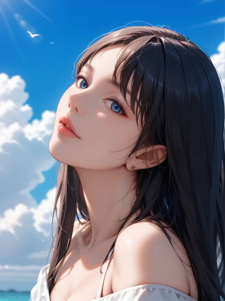 score_9, score_8_superior, score_7_superior, Highest quality, masterpiece, Realistic, realism, Film Grain, Photo credit:fuji-proplus-ii film, bust, Off-the-shoulder photo of a 20-year-old woman, close superior portrait, Deep blue sky, Cloudy, Outdoor, High Key Light, Soft Shadows, Dark Theme