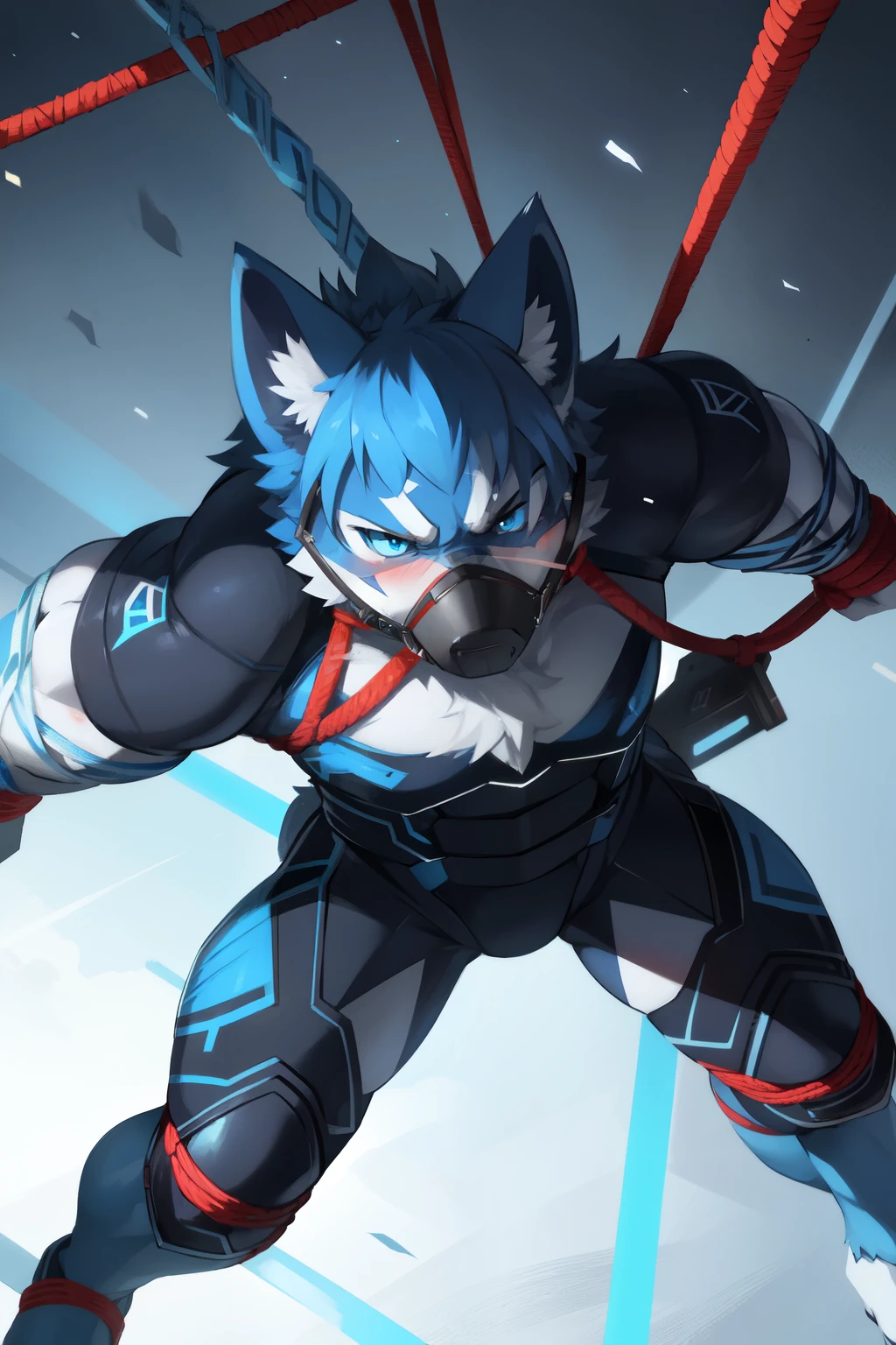 Blue and white wolf，angry，blush，Future Warrior，Black and blue battle suit，Blue Eyes，（Tight），Collar，muscle，Half face mask，（Constraints），Red rope tied limbs，captivity，Hanging，Red ropes woven into a giant net。