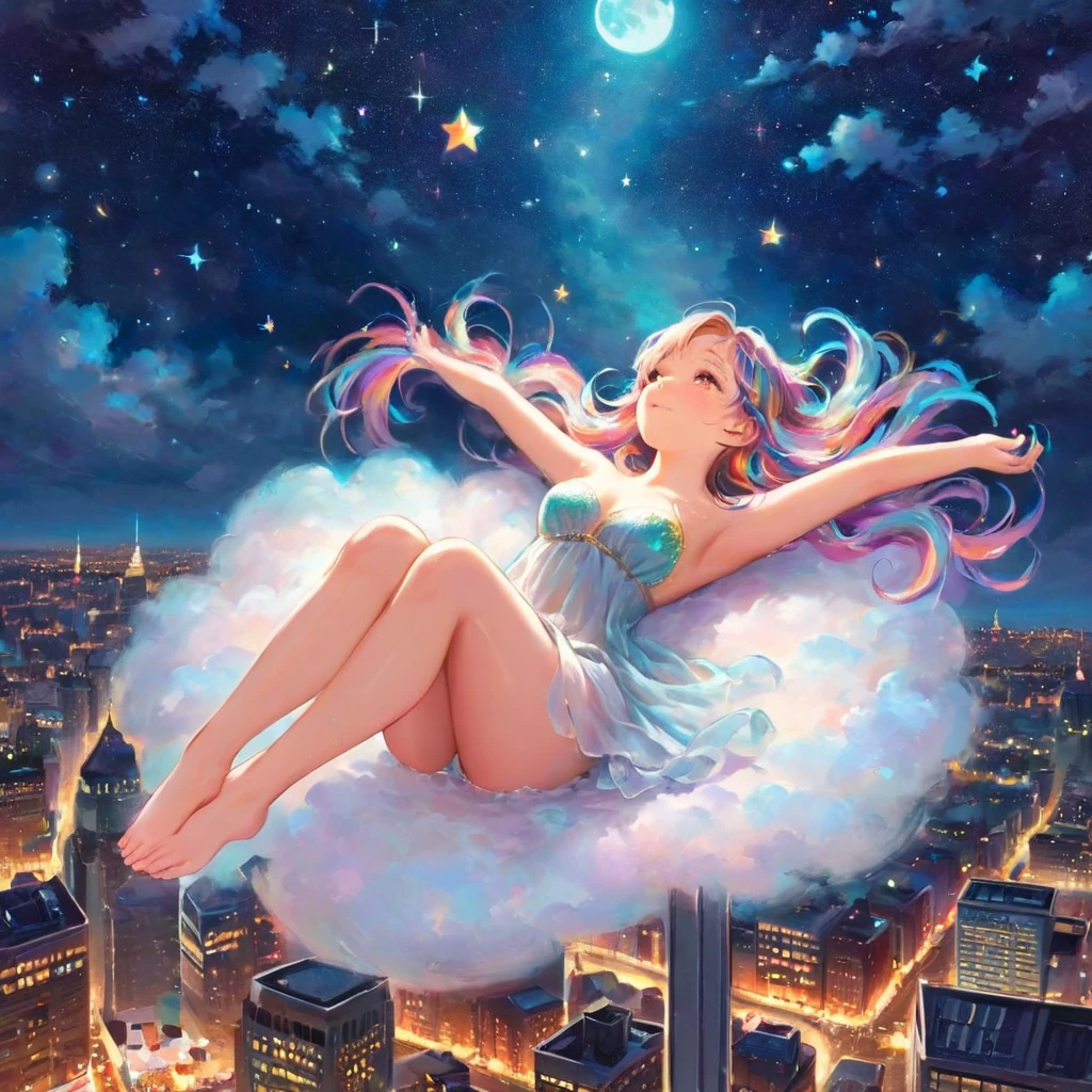 A stunningly ethereal woman, composed of a dazzling array of colors of stardust, lays gracefully on a  fluffy cloud in the sky. Bathed in dynamic and enchanting night  lighting, accentuates her vibrant, full-bodied form. Floating above a cityscape night. Twinkle stars and glowing moon. Fantasy art. Masterpiece 