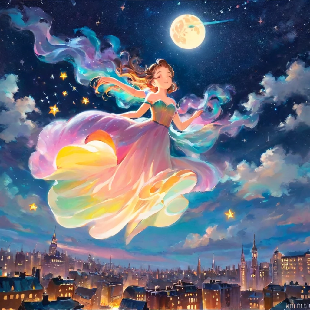 A stunningly ethereal woman, composed of a dazzling array of colors of stardust, lays gracefully on a  fluffy cloud in the sky. Bathed in dynamic and enchanting night  lighting, accentuates her vibrant, full-bodied form. Floating above a cityscape night. Twinkle stars and glowing moon. Fantasy art. Masterpiece 