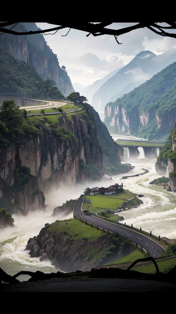 A scenic view of a winding road in Sichuan, China, running alongside a rushing river with muddy brown water. The road is elevated and bordered by safety barriers, cutting through steep cliffs and lush green mountains on both sides. The cliffs are rugged and partially covered with dense vegetation, creating a dramatic and picturesque landscape. Misty mountains rise in the background, partially shrouded in clouds, adding a mystical and serene atmosphere to the scene. The overall composition captures the beauty and majesty of the natural surroundings, combined with the man-made road that traverses this breathtaking terrain.