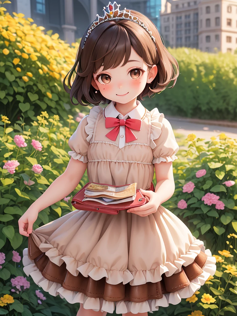 masterpiece, Highest quality, High resolution, One girl, 9 years old, alone, Brown Hair, short hair, Brown eyes, Mole under the eye, Cowboy Shot,, Princess dress, Princess Costume,bow tie, smile (Princess:1.2), Ruffled Dress, tiara, city, Outdoor, garden, wearing wallet, (wallet:1.2), Pull up the dress by hand、Low Angle