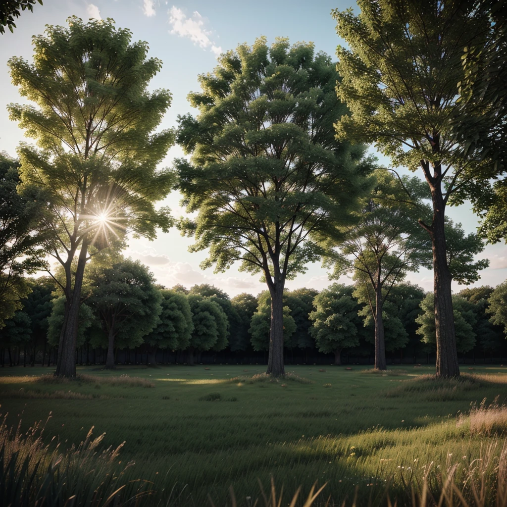 grassy field with many trees, day lighting, Lumion Pro rendering, cinematic quality