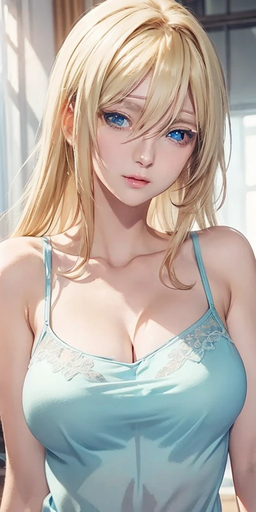 portrait, realistic cg, blue eyes, blonde hair, transparent camisole, see through nipple, 4k resolution, high quality cg, beautiful cg, soft light