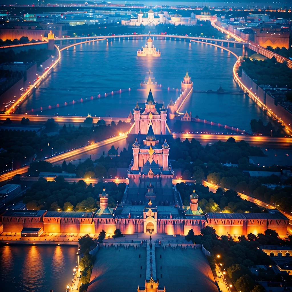 blue sky, evening light, (Aerial View of Kremlin complex of buildings:1.6), (young Beautiful woman is dancing in the Air), she wears long white thin silk dress, skin exposure is minimum, her beautiful and cute face, wide angle lens f/2.8, ultra insane high resolution intricate textures, texture indentation, perfect perspective, perfect geometry, the solar system in another dimension, other worlds, fire all around, energy fields, (luminism), ultra detailed busy background, tessellation, maximalism, perfectionism, IPA Award wining masterpiece
