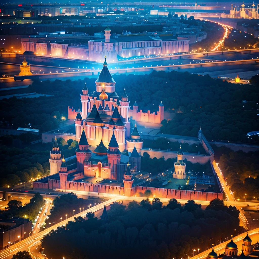 blue sky, evening light, (Aerial View of Kremlin complex of buildings:1.6), (young Beautiful woman is dancing in the Air), she wears long white thin silk dress, skin exposure is minimum, her beautiful and cute face, wide angle lens f/2.8, ultra insane high resolution intricate textures, texture indentation, perfect perspective, perfect geometry, the solar system in another dimension, other worlds, fire all around, energy fields, (luminism), ultra detailed busy background, tessellation, maximalism, perfectionism, IPA Award wining masterpiece