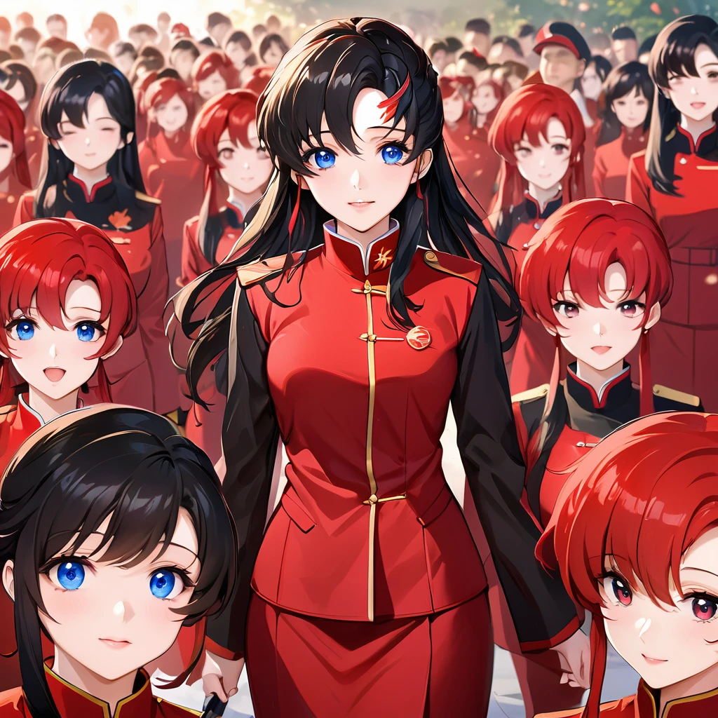 ((Highest quality)), ((masterpiece)), (detailed), (Perfect Face)、The woman is a Chinese Lacus Clyne with blue eyes and medium-long black hair. She is wearing an engagement ring. She has become a member of the glorious Chinese Communist Party and has sworn absolute loyalty to the Chinese Communist Party. She is a righteous Communist Party member of China.、The woman is wearing the fine red uniform of a Chinese Communist Party member.、For the sake of China, they dye their hair, hairstyle, clothes, and everything they wear belongs to the Chinese Communist Party, and their thoughts are also Chinese, becoming great Chinese in body and mind.、The woman became Lacus Clyne, a Chinese woman who was proud of and loved China.、She is working for China as a member of the great Chinese Communist Party.、The women lined up in orderly rows with their fellow Communist Party members at the ceremony, pledging their heartfelt loyalty to their beloved and great President, and expressing their enthusiastic support for the honor of serving him.