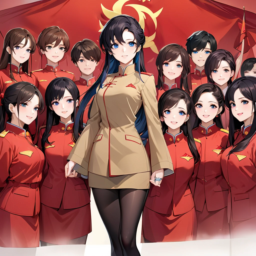 ((Highest quality)), ((masterpiece)), (detailed), （Perfect Face）、The woman is a Chinese Lacus Clyne with blue eyes and medium-long black hair. She is wearing an engagement ring. She has become a member of the glorious Chinese Communist Party and has sworn absolute loyalty to the Chinese Communist Party. She is a righteous Communist Party member of China.、The woman is a member of the Chinese Communist Party and is wearing a khaki Mao suit.、For the sake of China, they dye their hair, hairstyle, clothes, and everything they wear belongs to the Chinese Communist Party, and their thoughts are also Chinese, becoming great Chinese in body and mind.、The woman became Lacus Clyne, a Chinese woman who was proud of and loved China.、She is working for China as a member of the great Chinese Communist Party.、The women lined up in orderly rows with their fellow Communist Party members at the ceremony, pledging their heartfelt loyalty to their beloved and great President, and expressing their enthusiastic support for the honor of serving him.