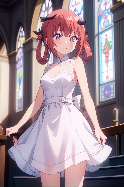 (Highest quality,masterpiece), One girl、alone, cute、smile、Detailed Background, Gavriel Dropout、Satanya、church、Standing posture、Pure White Prom Dresses

