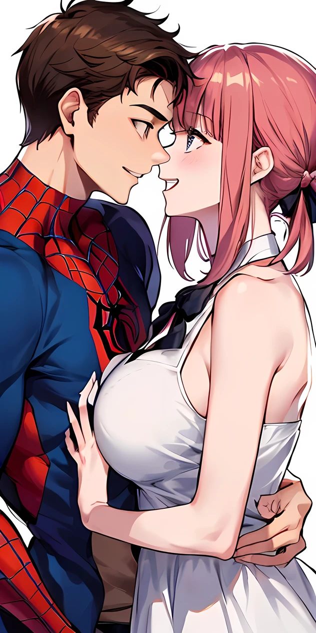 Spider-Man (Peter Parker) y Chika Fujiwara (Like-same: love is war), crossover, 1 chico, , blue eyes, academia syuuchiin, big breasts, pink hair (Chika Fujiwara), hair bun, black bow, smile, open mouth, dress negro, Brown hair (Peter Parker), Super Hero, mono, White background, dress, romance, standing face to face about to kiss