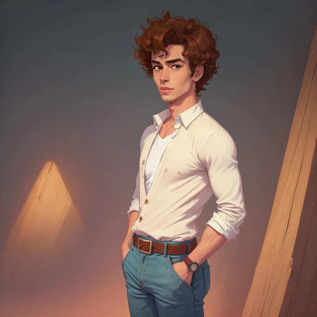 ((masterpiece)), (((Best quality))), illustration, 1 guy, bright skin, Brown eyes, freckles, curly hair, school clothes, Vyazannaya cardigan, trousers, White shirt, belt, relaxed posture, (simple background: 1.3) ,--6