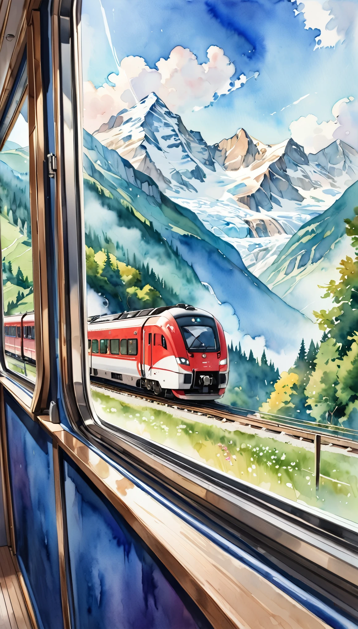 (masterpiece:1.2,Highest quality,Ultra-high resolution,Very detailed),(Watercolor painting of the view from a train window),8k,wallpaper,(Switzerland),(Glacier Express),(Watercolor splashes、Oozing、Blur、Blotting、Beautiful expression using the cassoulet technique)
