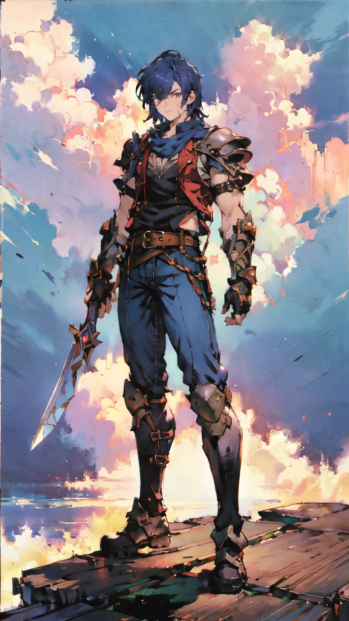 (masterpiece:1.2, best quality:1.2, extremely delicate:1.2), ((male:1.5)), a young man with short blue-purple hair, side-swept bangs covering one eye, a confident expression, a scar on the bridge of his nose, a slight smile on his lips, a dark green scarf around his neck, a fantasy-reality style rogue outfit, an open dark short vest, a layered futuristic tight armor underneath that emits a silver-blue glow, small fitted shoulder armor, matching arm guards and shin guards, a two-piece leather belt at his waist, layered canvas trousers, tall boots, he holds a serrated blade horizontally behind him with his raised right hand, standing imposingly on a windy and sandy hillside, this character embodies a finely crafted fantasy-reality-style rogue in anime style, exquisite and mature manga art style, dramatic, high definition, highres, ultra-detailed, ultra-fine painting, professional, perfect body proportions, golden ratio, anatomically correct, symmetrical face, extremely detailed eyes and face, high quality eyes, creativity, RAW photo, UHD, 32k, Natural light, cinematic lighting, (masterpiece-anatomy-perfect:1.2)