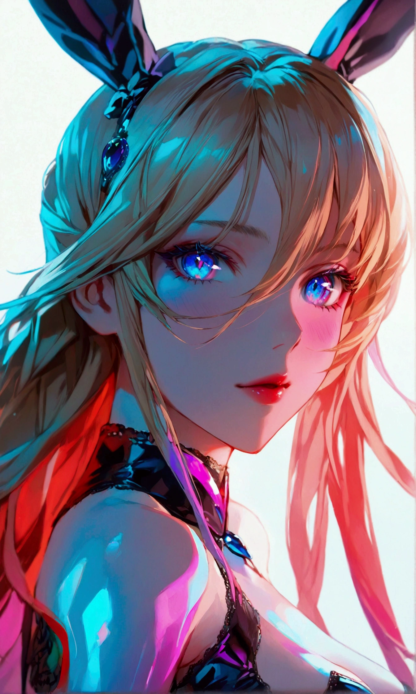 A young woman with long blonde hair, purple and blue gradient eyes with vibrant luminous hues, fair skin tone, bunnysuit, (detailed body), (detailed eyes) (masterpiece), (best quality), (ultra-detailed)