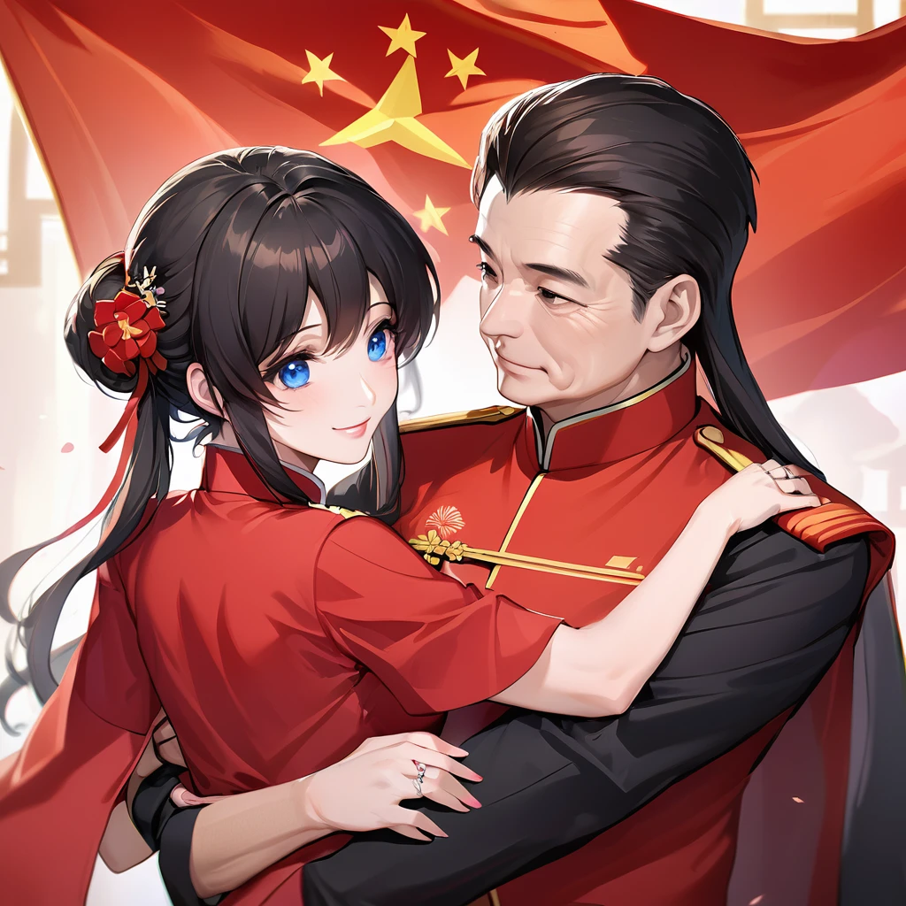 ((Highest quality)), ((masterpiece)), (detailed), (Perfect Face)、The woman is a Chinese Lacus Clyne with blue eyes and medium-long black hair. She is wearing an engagement ring. She has become a member of the glorious Chinese Communist Party and has sworn absolute loyalty to the Chinese Communist Party. She is a righteous Communist Party member of China.、The woman is wearing the fine red uniform of a Chinese Communist Party member.、For the sake of China, they dye their hair, hairstyle, clothes, and everything they wear belongs to the Chinese Communist Party, and their thoughts are also Chinese, becoming great Chinese in body and mind.、The woman became Lacus Clyne, a Chinese woman who was proud of and loved China.、The woman is chosen by a great Chinese Communist Party official and is given the honor of becoming his wife.、The woman looks happy being held in the arms of a great Chinese Communist Party official.、The woman is the wife of a glorious Chinese Communist Party official.、The man is a great Chinese Communist Party official, a dignified and imposing old man who marries the woman.、The man and woman are having a grand wedding