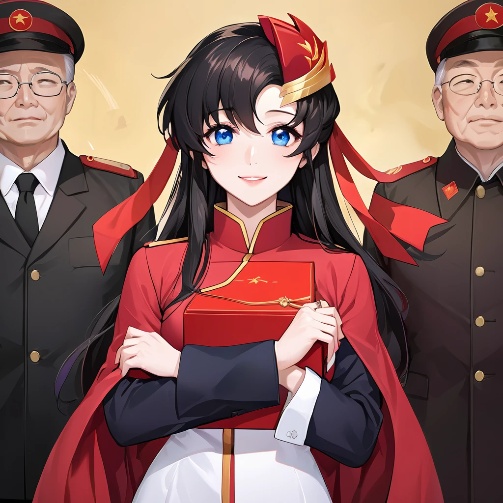 ((Highest quality)), ((masterpiece)), (detailed), (Perfect Face)、The woman is a Chinese Lacus Clyne with blue eyes and medium-long black hair. She is wearing an engagement ring. She has become a member of the glorious Chinese Communist Party and has sworn absolute loyalty to the Chinese Communist Party. She is a righteous Communist Party member of China.、The woman is wearing the fine red uniform of a Chinese Communist Party member.、For the sake of China, they dye their hair, hairstyle, clothes, and everything they wear belongs to the Chinese Communist Party, and their thoughts are also Chinese, becoming great Chinese in body and mind.、The woman became Lacus Clyne, a Chinese woman who was proud of and loved China.、The woman is chosen by a great Chinese Communist Party official and is given the honor of becoming his wife.、The woman looks happy being held in the arms of a great Chinese Communist Party official.、The woman is the wife of a glorious Chinese Communist Party official.、The man is a great Chinese Communist Party official, a dignified and imposing old man who marries the woman.、The man and woman are having a grand wedding