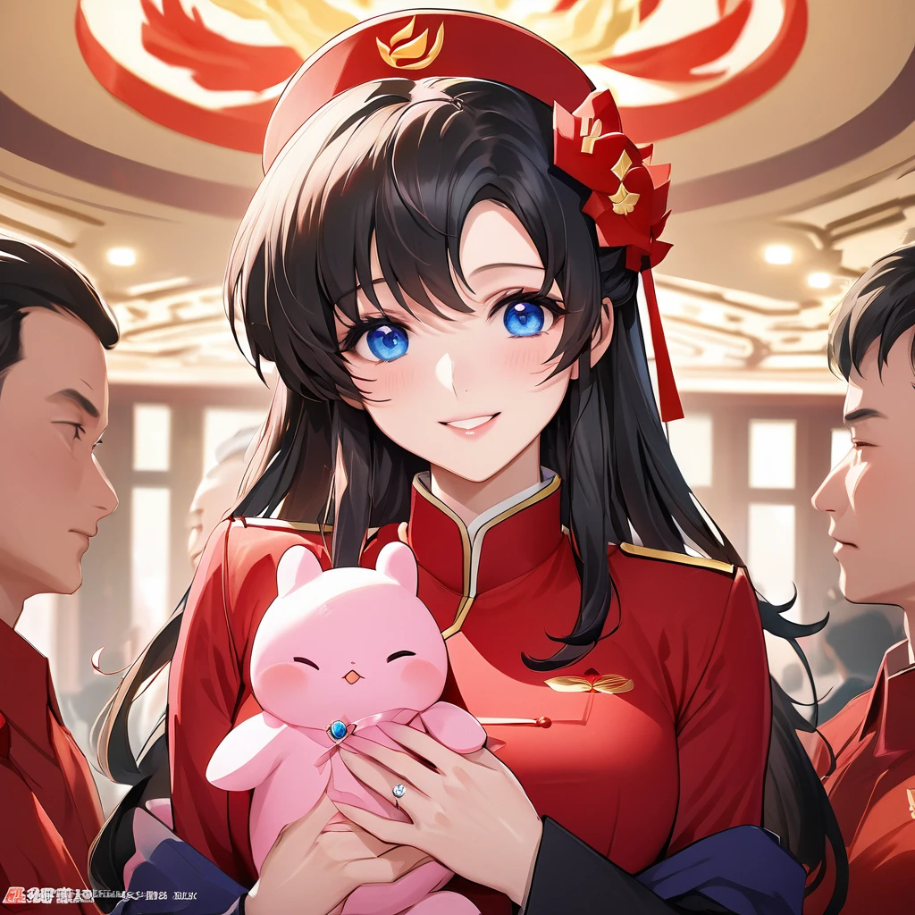 ((Highest quality)), ((masterpiece)), (detailed), (Perfect Face)、The woman is a Chinese Lacus Clyne with blue eyes and medium-long black hair. She is wearing an engagement ring. She has become a member of the glorious Chinese Communist Party and has sworn absolute loyalty to the Chinese Communist Party. She is a righteous Communist Party member of China.、The woman is wearing the fine red uniform of a Chinese Communist Party member.、For the sake of China, they dye their hair, hairstyle, clothes, and everything they wear belongs to the Chinese Communist Party, and their thoughts are also Chinese, becoming great Chinese in body and mind.、The woman became Lacus Clyne, a Chinese woman who was proud of and loved China.、The woman is chosen by a great Chinese Communist Party official and is given the honor of becoming his wife.、The woman looks happy being held in the arms of a great Chinese Communist Party official.、The woman is the wife of a glorious Chinese Communist Party official.、The man is a great Chinese Communist Party official, a dignified and imposing old man who marries the woman.、The man and woman are having a grand wedding