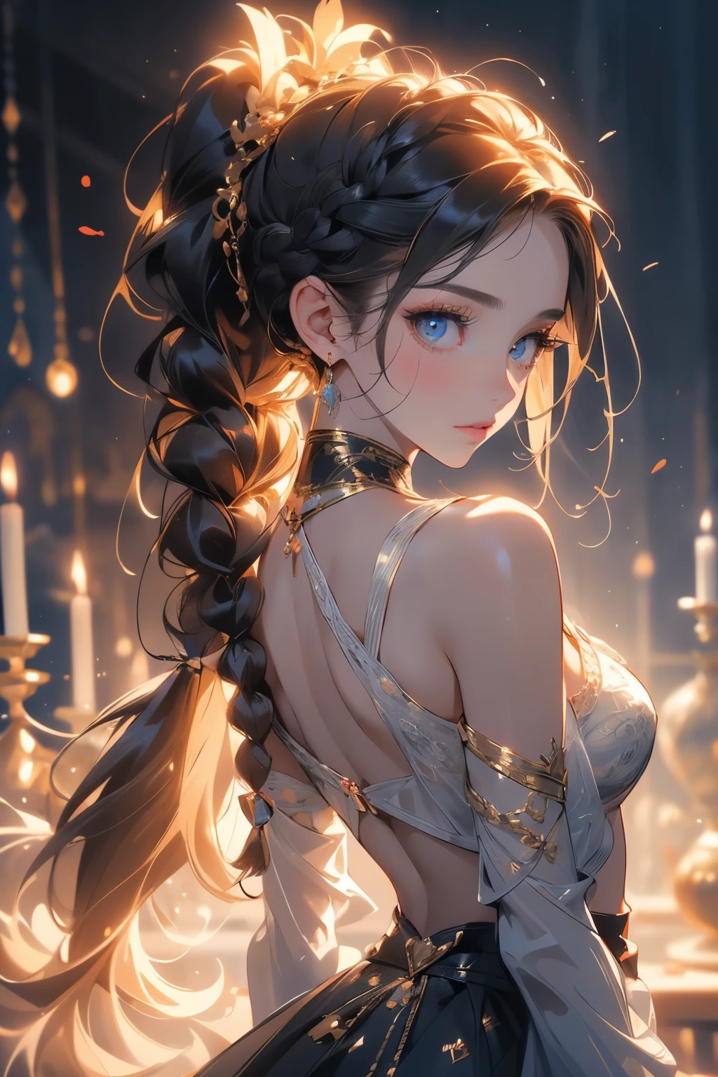  ((best quality)), ((masterpiece)), (detailed), 1girl, (big forhead:1.2),extremely detailed cute anime face, (((flat chest))), (flat chest:1.1),((((long twin braids,tight braids,long braid,braided hair,long hair)))),intricate eyes,beautiful detailed eyes,symmetrical eyes,(((detailed face))),beautiful detailed lips, looking at this, (((embarrassed))),(horrified expression),(panic),(crying),highres,(best quality),(ultra detailed,extremely detailed),perfect face details, ((masterpiece:1.4, best quality))+, (ultra detailed)+, long twintails, cute girl, (flat chest:1.1), small breasts, slim body, skinny, (narrow hips), prominent collarbones, skinny arms, flat stomach, visible hip bones, long hair, red hair, white hair, blonde hair, dark hair, ponytail, thick ponytail, heavy ponytail, small breasts, perfect face, small breasts (flat chest:1.1), NSFW, long revealing gown,Detailed body，Full limbs，(from behind), (turning), NSFW, (flat chest:1.1), nude 
